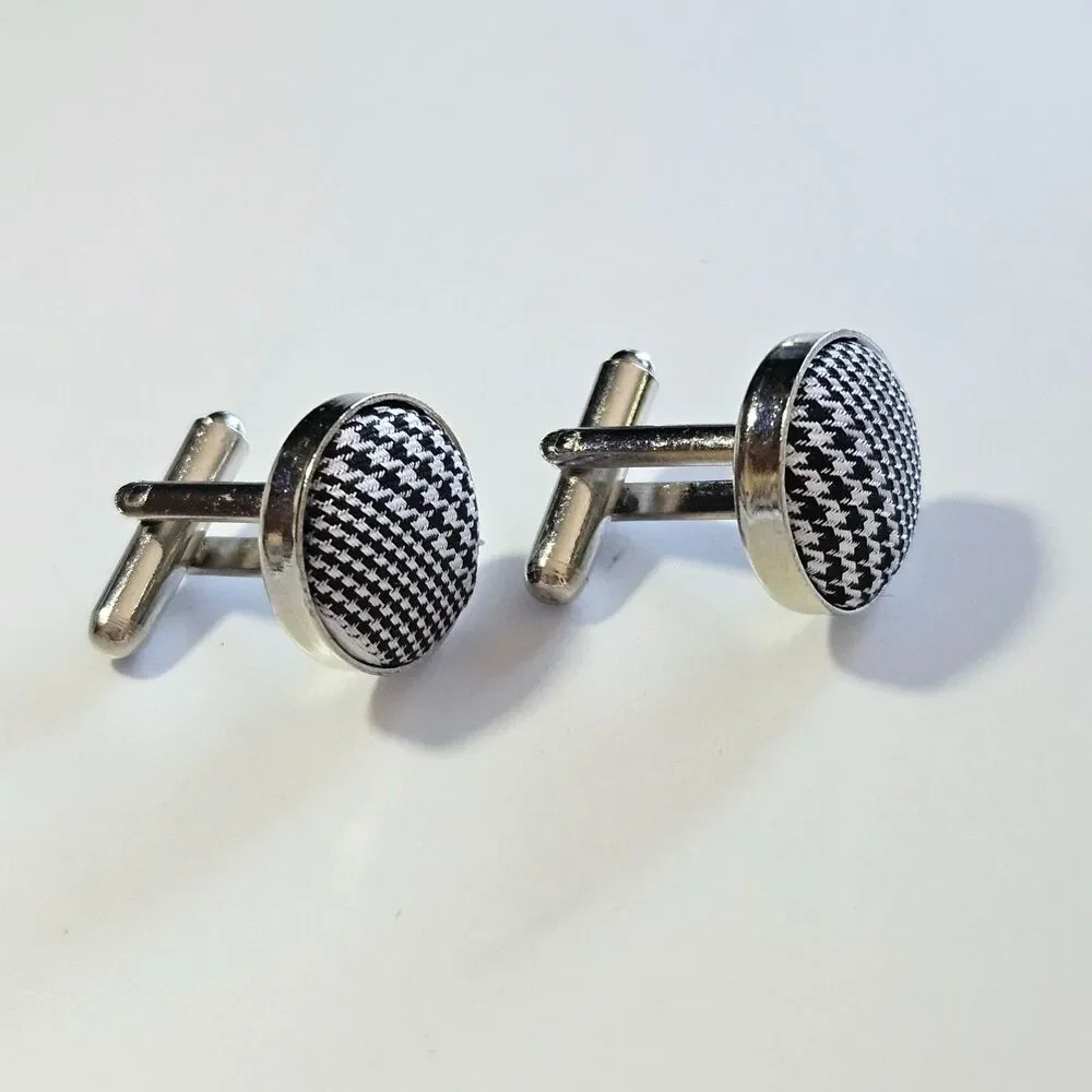 Men's Black and White Checkered Fabric Cufflinks Vintage Silver Tone